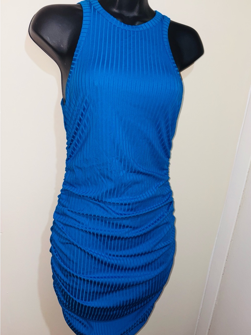 Women's Blue Ribbed Bodycon Dress - Sleeveless Elegant Style
